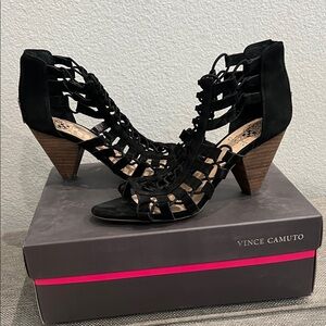 Used once - Vince Camuto Elanso - Black Suede Gladiator Sandals 7.5M